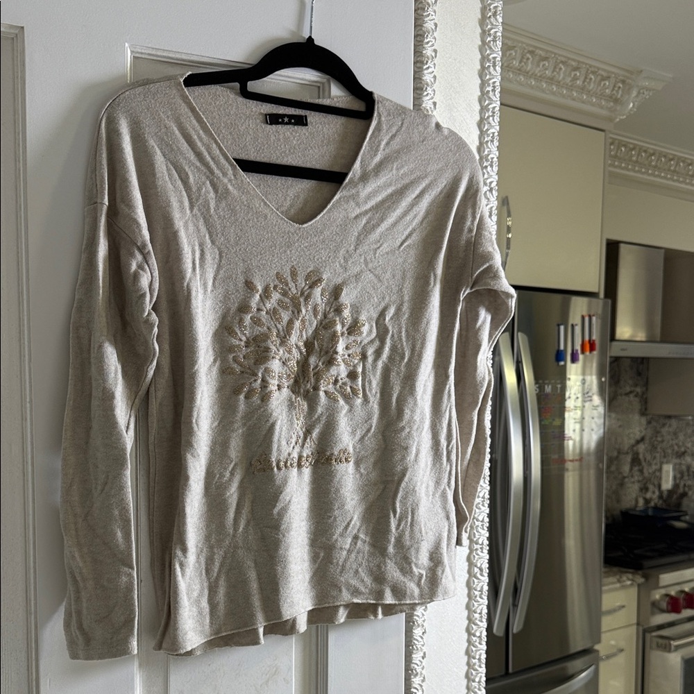 Beige V-Neck Sweater with Tree Design